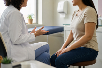 Profissional de saúde realiza atendimento preventivo a mulher em unidade pública de saúde