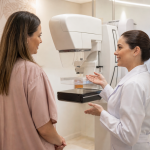 Mulher realiza exame de mamografia digital em clínica de saúde