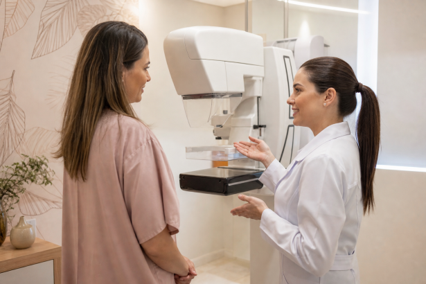 Mulher realiza exame de mamografia digital em clínica de saúde